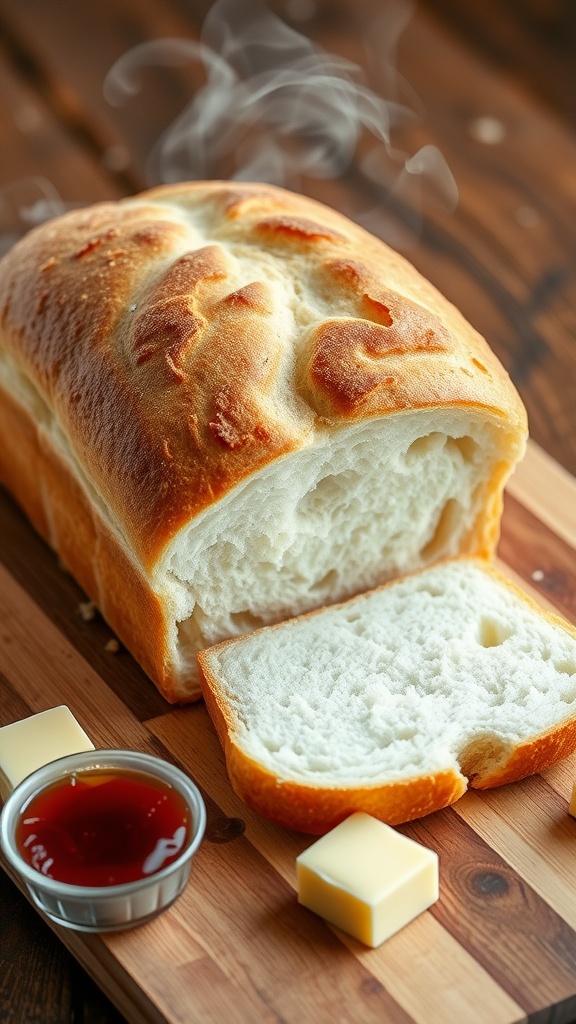 A golden-brown loaf of homemade white bread on a cutting board with butter and jam.